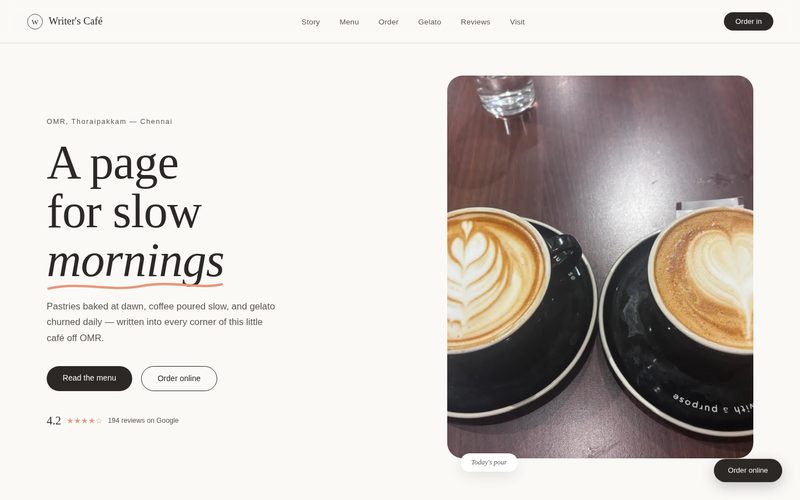 Writer's Café one-page website preview